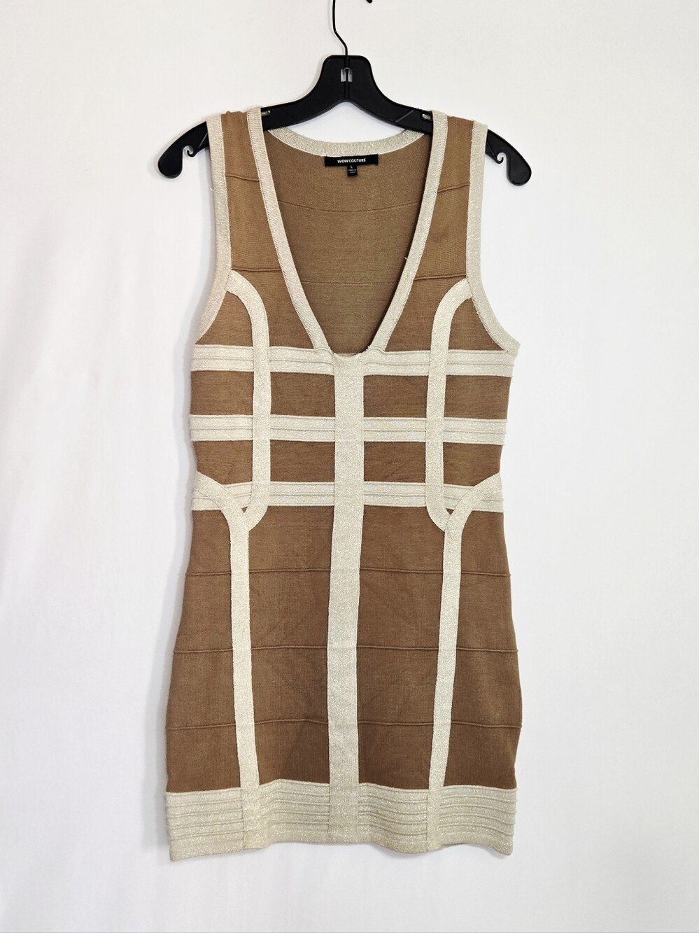 WOW Couture Beige Gold Metallic Bodycon Midi Dress Women's Large